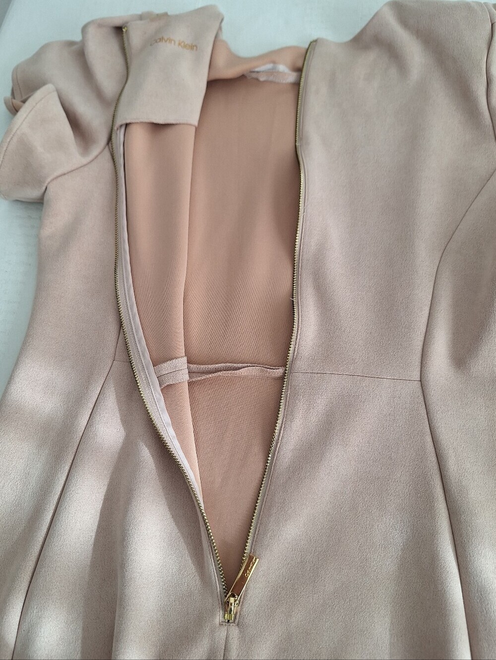 Calvin Klein Blush Pink Midi Sheath Dress with Structured Puff Sleeves - Picture 8 of 8